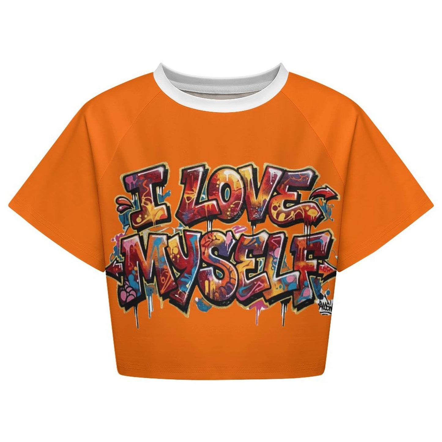 I LOVE MYSELF – Graffiti All-Over Print Cropped Raglan Tee